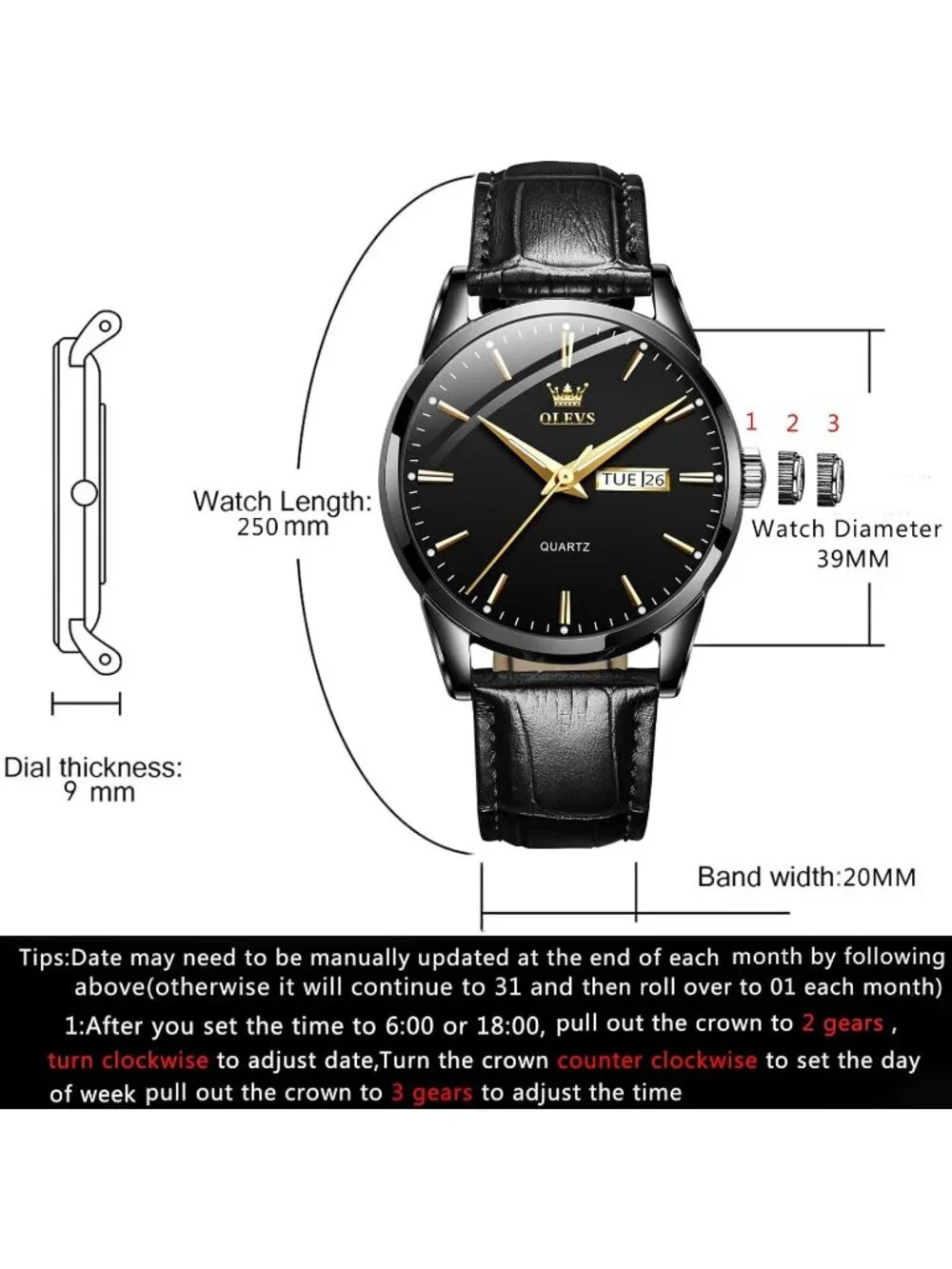 Men's All Black Fashion Quartz Leather Buckle Waterproof Luminous Round Watch